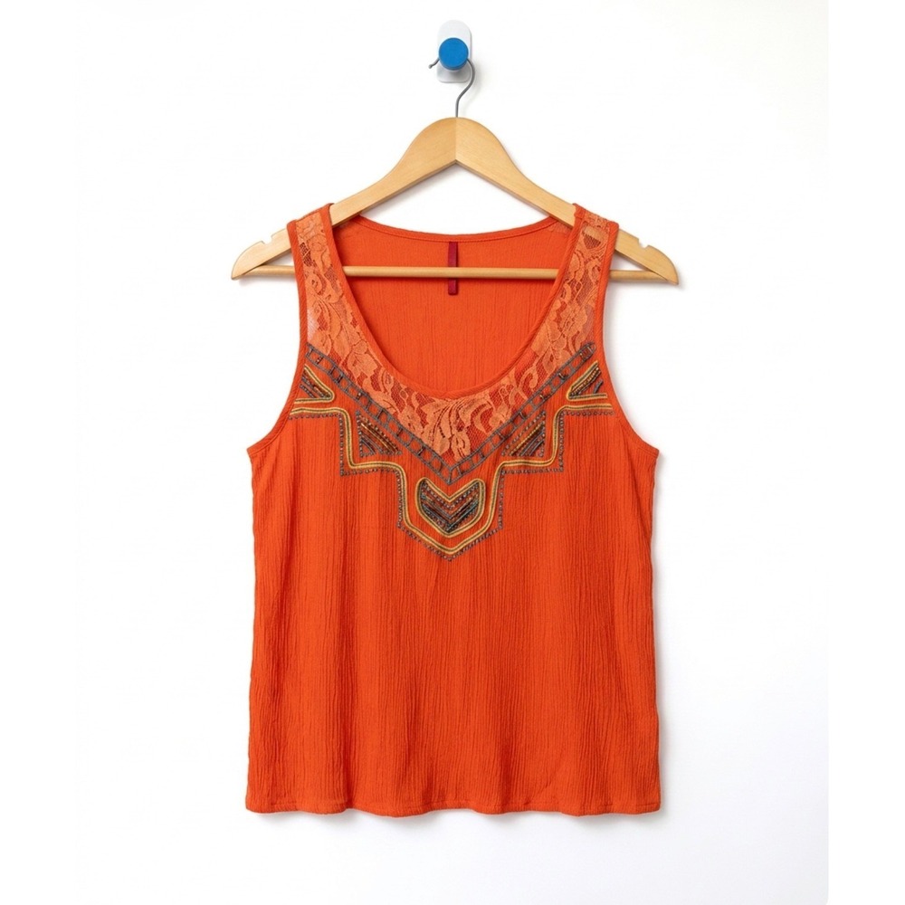 Miss Me Tank Top Embroidered Lace Sleeveless Women's Medium Boho Rayon Orange